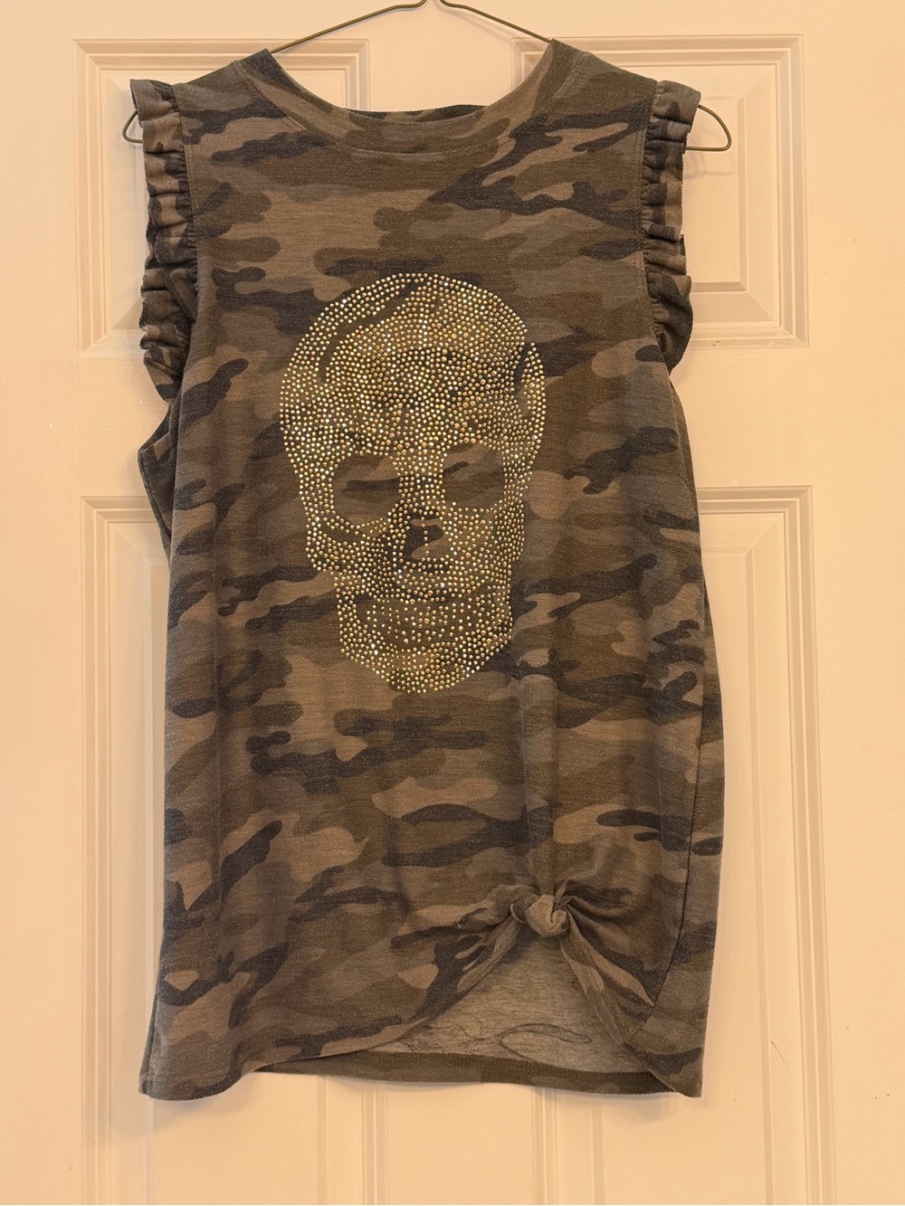 Girls Camo Rhinestone Skull Ruffle Tank Top - Olive Green